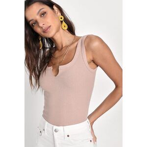 Lulus Stylish Perception Beige Ribbed Notched Tank Top - Size M NWOT